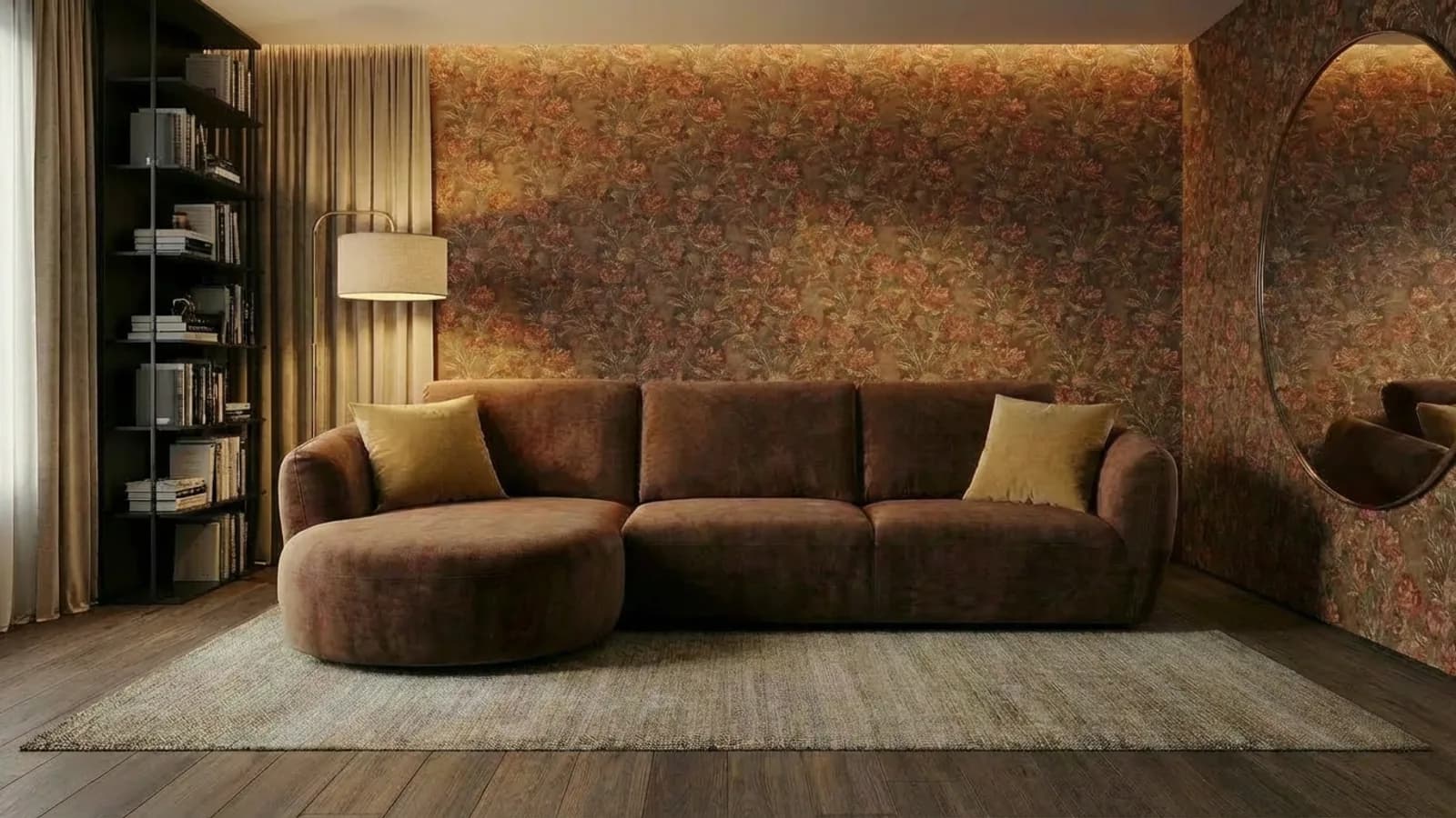 The same ochre curved sofa staged in a warm room with a patterned accent wall and a floor lamp