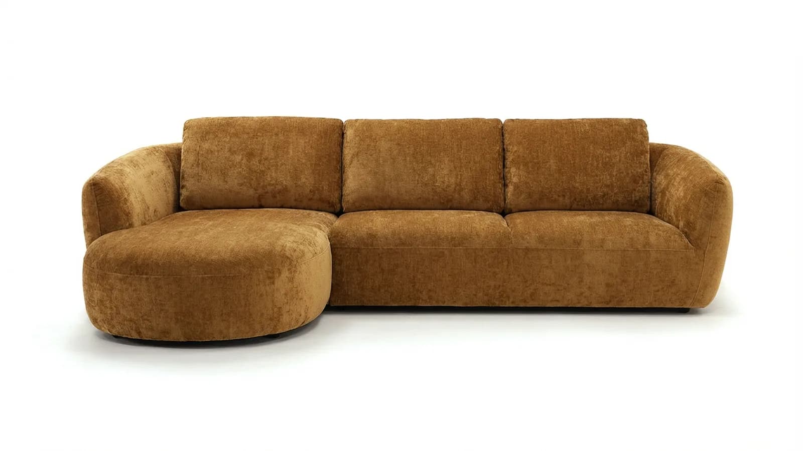 An ochre curved bouclé sofa as a plain product photo on a white background