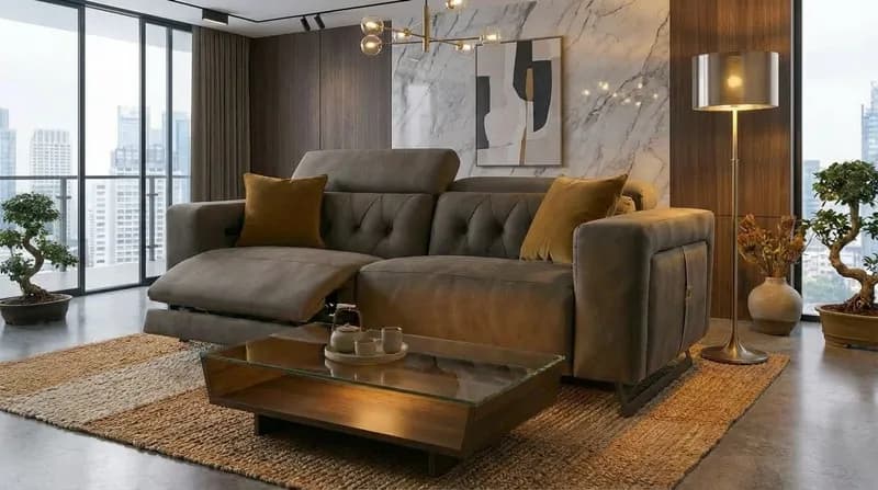 A brown sectional sofa in a luxury apartment with a floor-to-ceiling city view