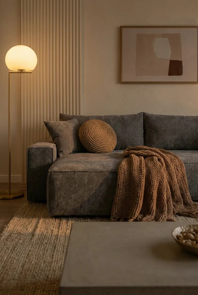 Close-up of a grey fabric sofa with a knitted throw and a floor lamp in a warm room