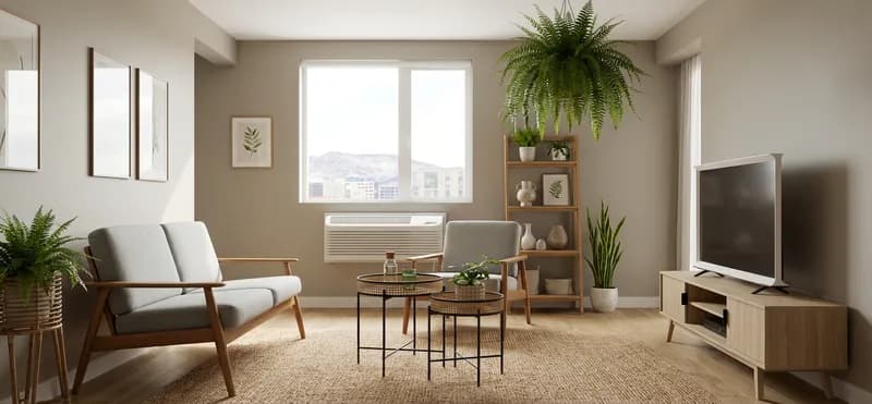 A bright mid-century living room with a grey settee, hanging plants and a console