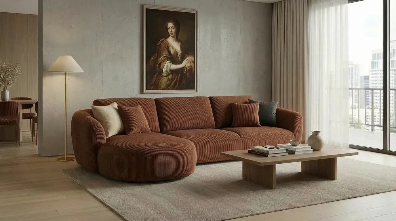 A rust-coloured bouclé sofa staged in a calm, neutral living room — shown cropped to different channel formats
